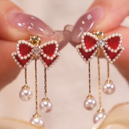 紅色蝴蝶結珍珠流蘇耳環-FANYIACC