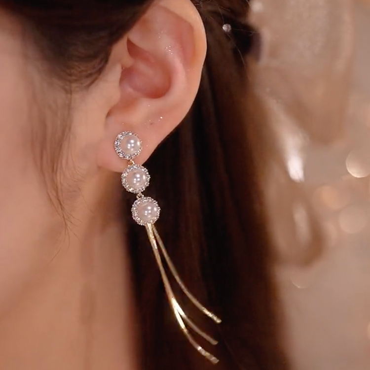 鑲鑽珍珠流蘇耳環 -FANYIACC