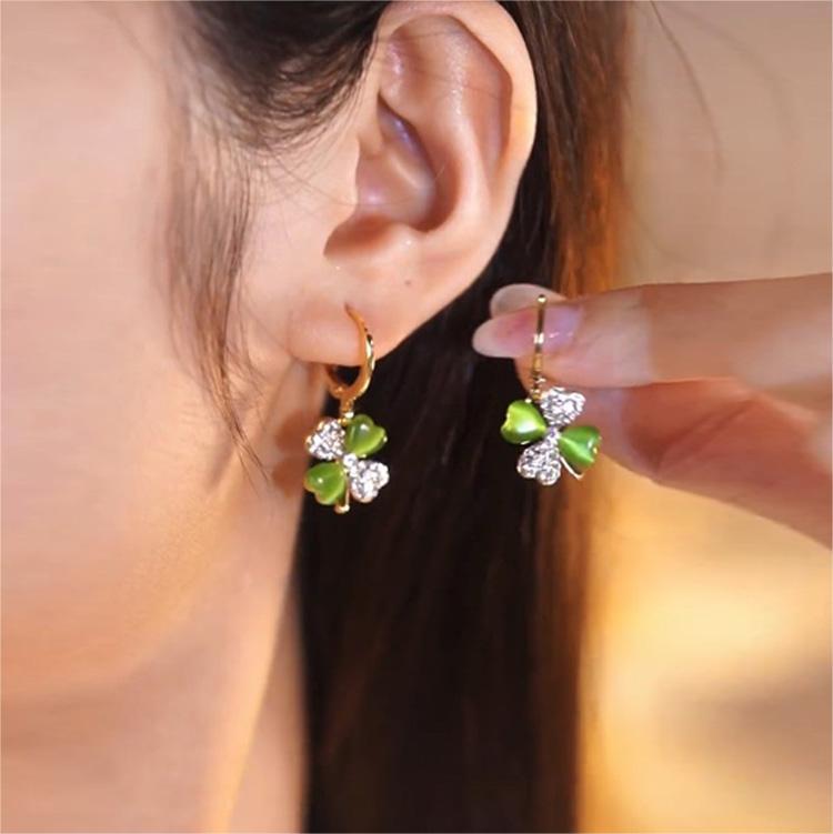貓眼石綠色四葉草耳環-FANYIACC
