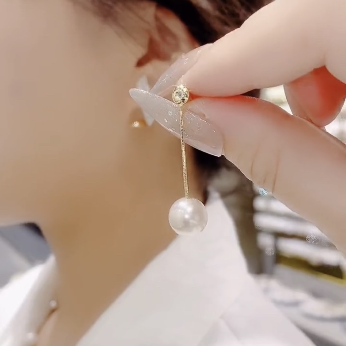 滿鑽珍珠吊墜耳環-FANYIACC