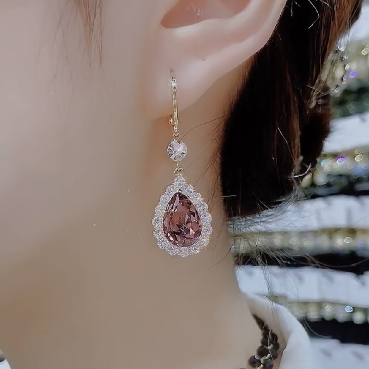 紫色水晶水滴耳環-FANYIACC