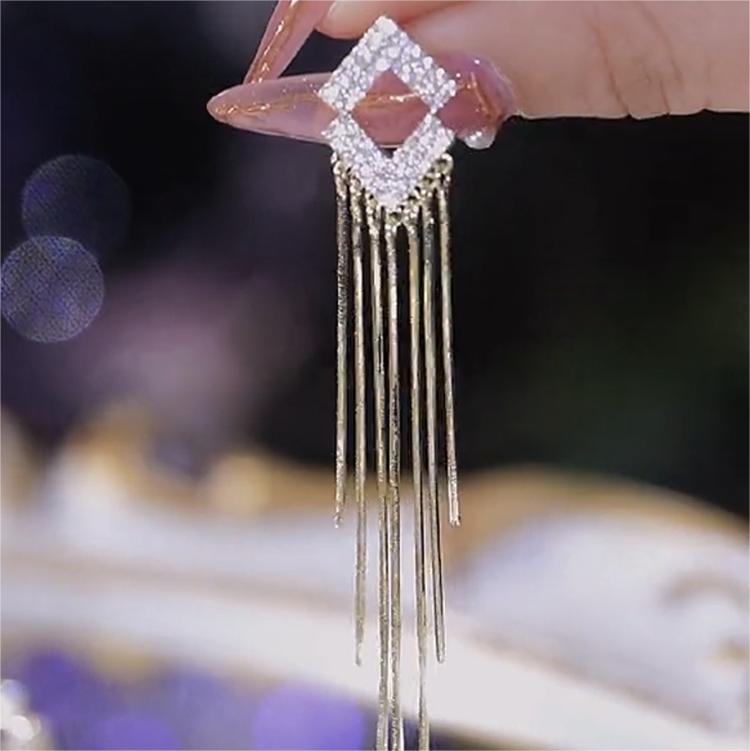 閃鑽菱形長款流蘇耳環-FANYIACC