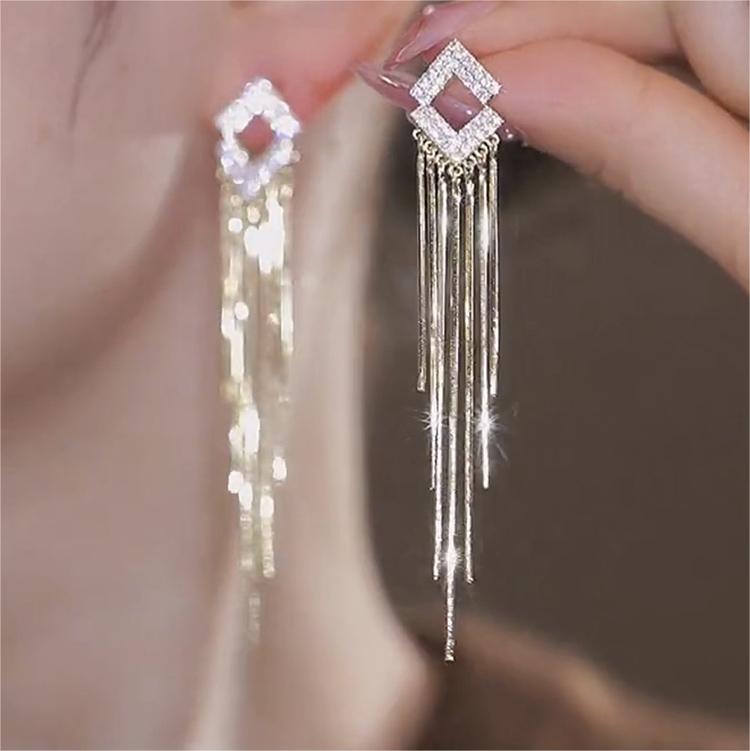 閃鑽菱形長款流蘇耳環-FANYIACC