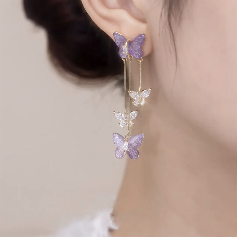 紫色水晶蝴蝶流蘇耳環