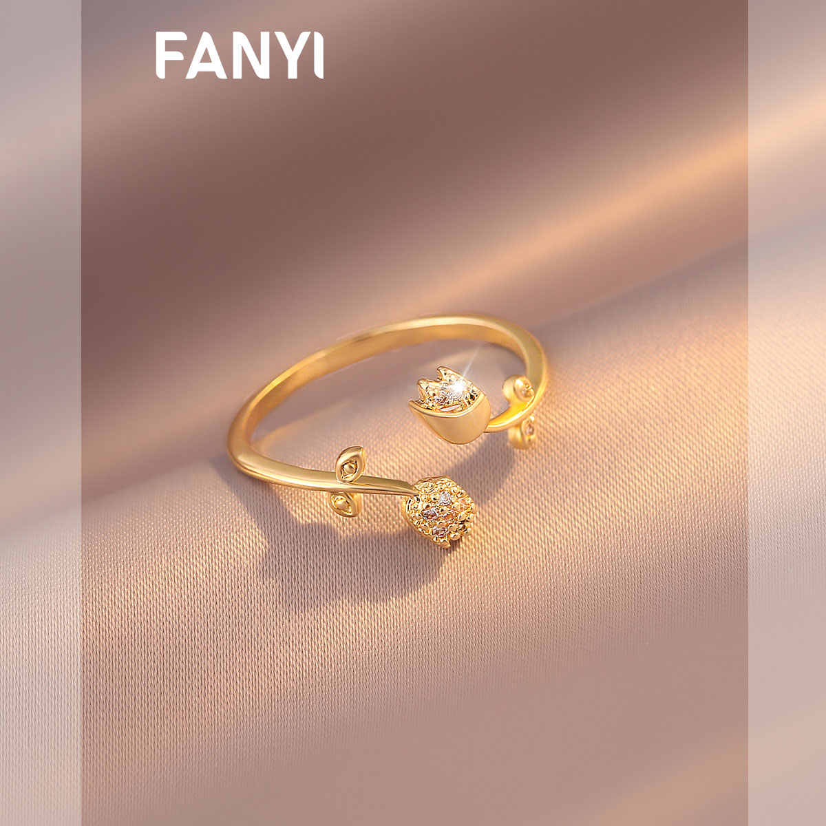 滿鑽鬱金香開口戒指-FANYIACC