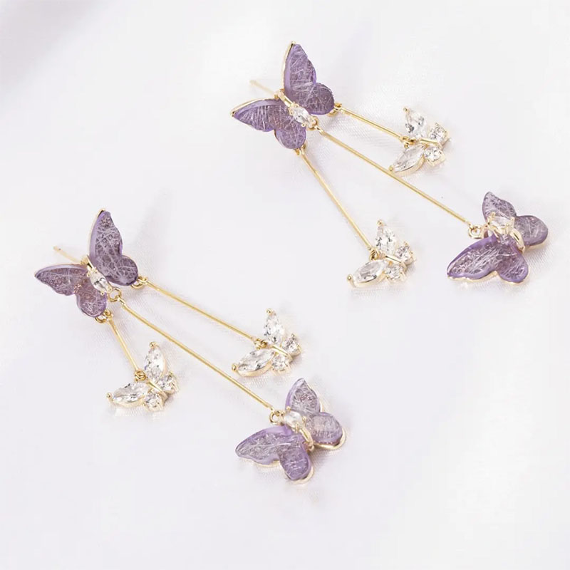 紫色水晶蝴蝶流蘇耳環-FANYIACC