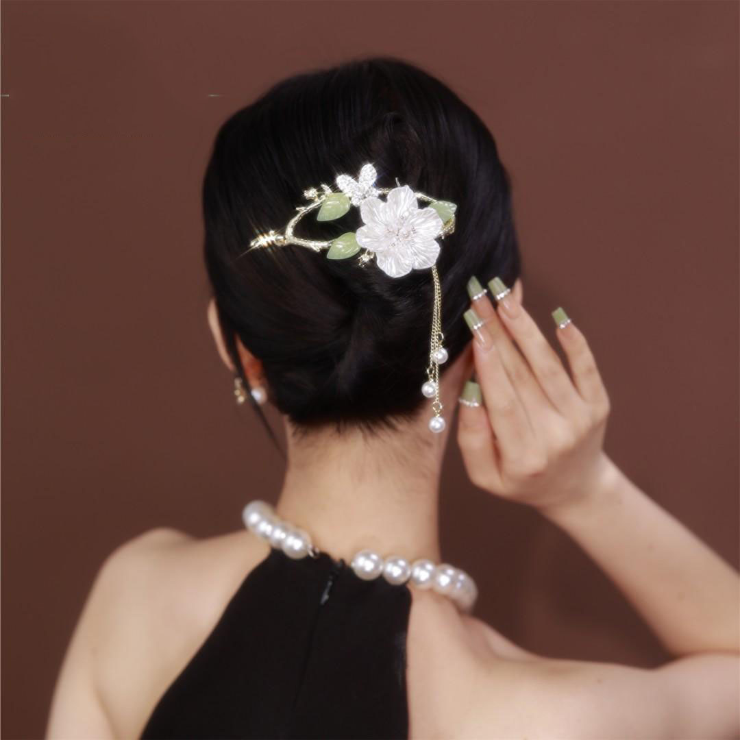花朵珠珠流蘇髮夾 -FANYIACC