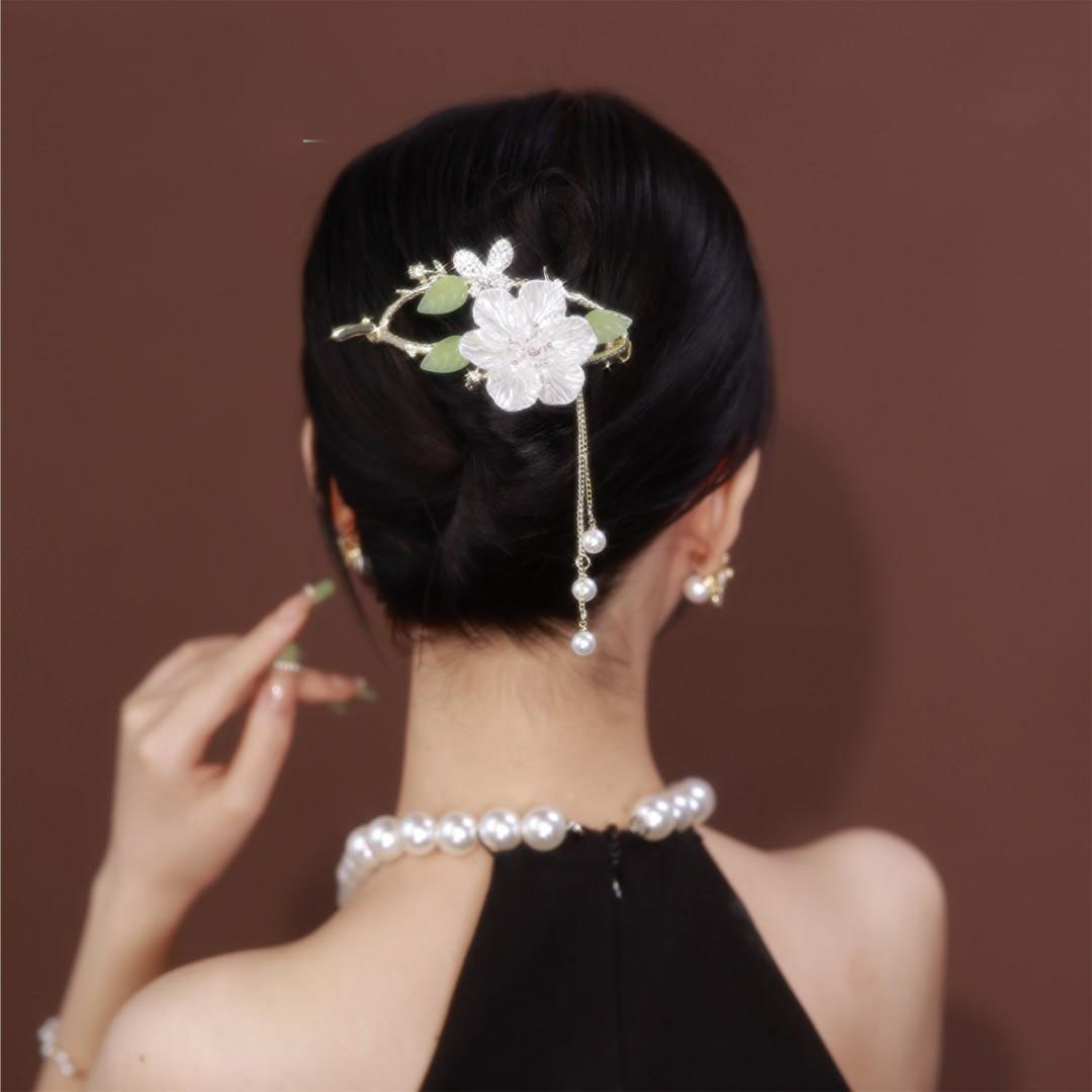 花朵珠珠流蘇髮夾 -FANYIACC