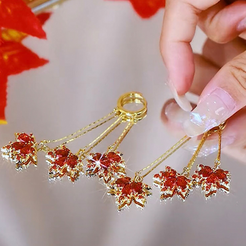 新款紅色楓葉水晶流蘇耳環 -FANYIACC