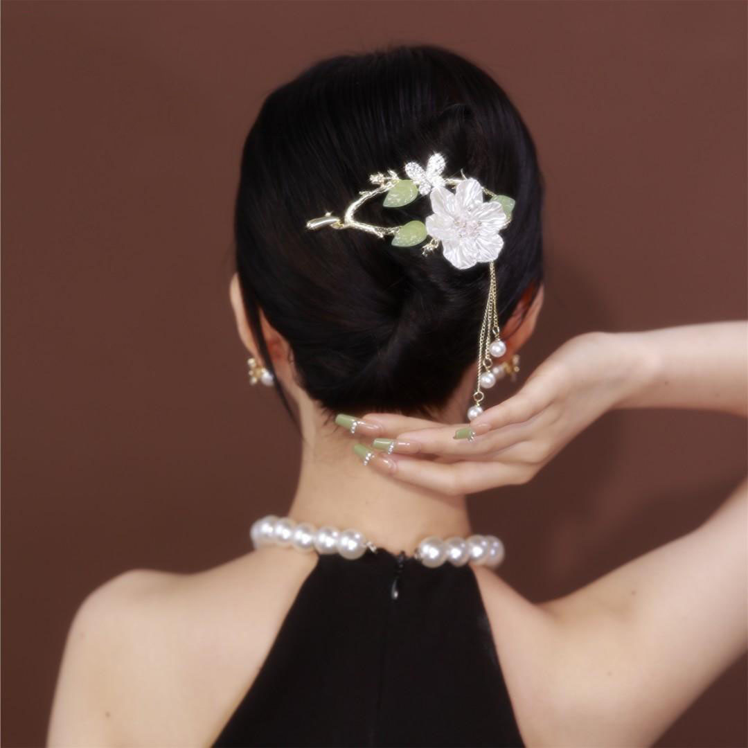 花朵珠珠流蘇髮夾 -FANYIACC