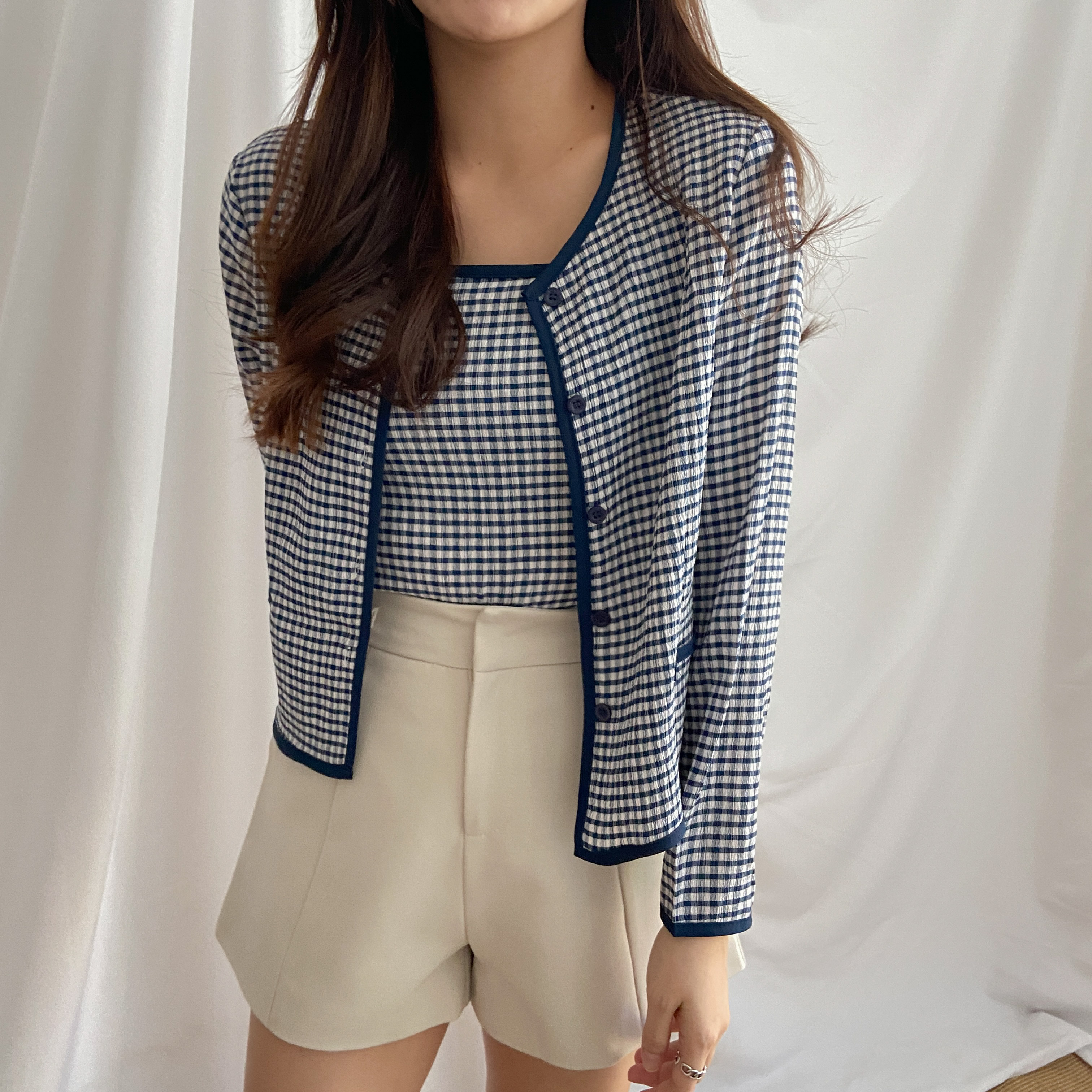 Coco Blue Checkered Two Pieces Set 小香格子皱褶两件套套装