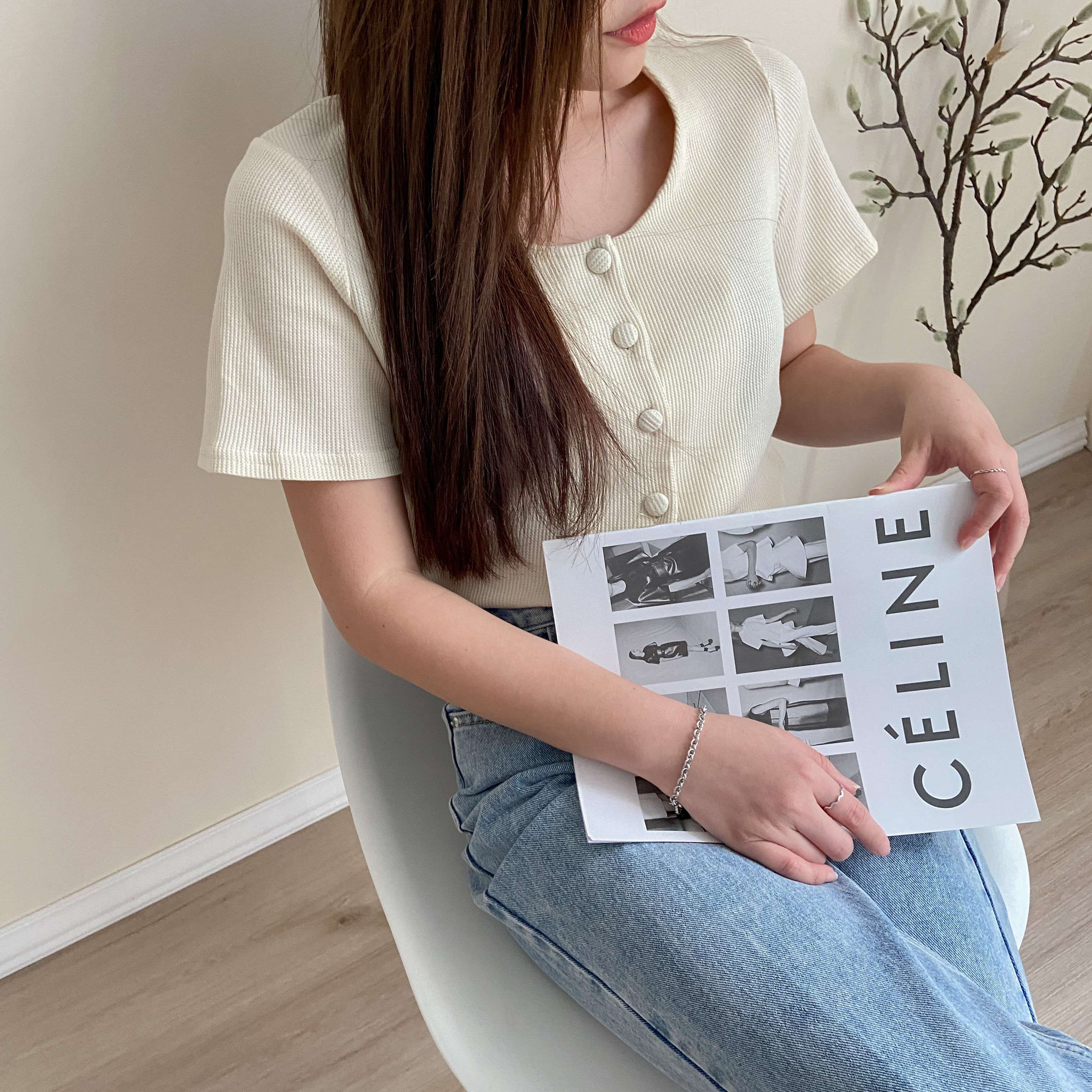 Anna Waffle Top in Beige 气质温柔包扣华夫格上衣