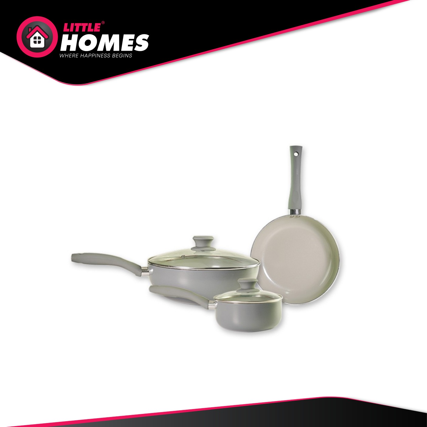 Little Homes Ceramic Grey Pan Cookware Set with Glass Lid