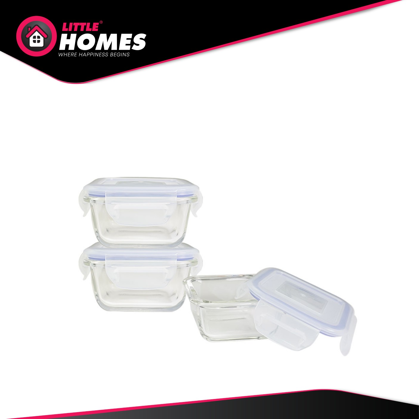 Little Homes Square Glass Container with Airtight Lid 180ml (3pcs/Set)