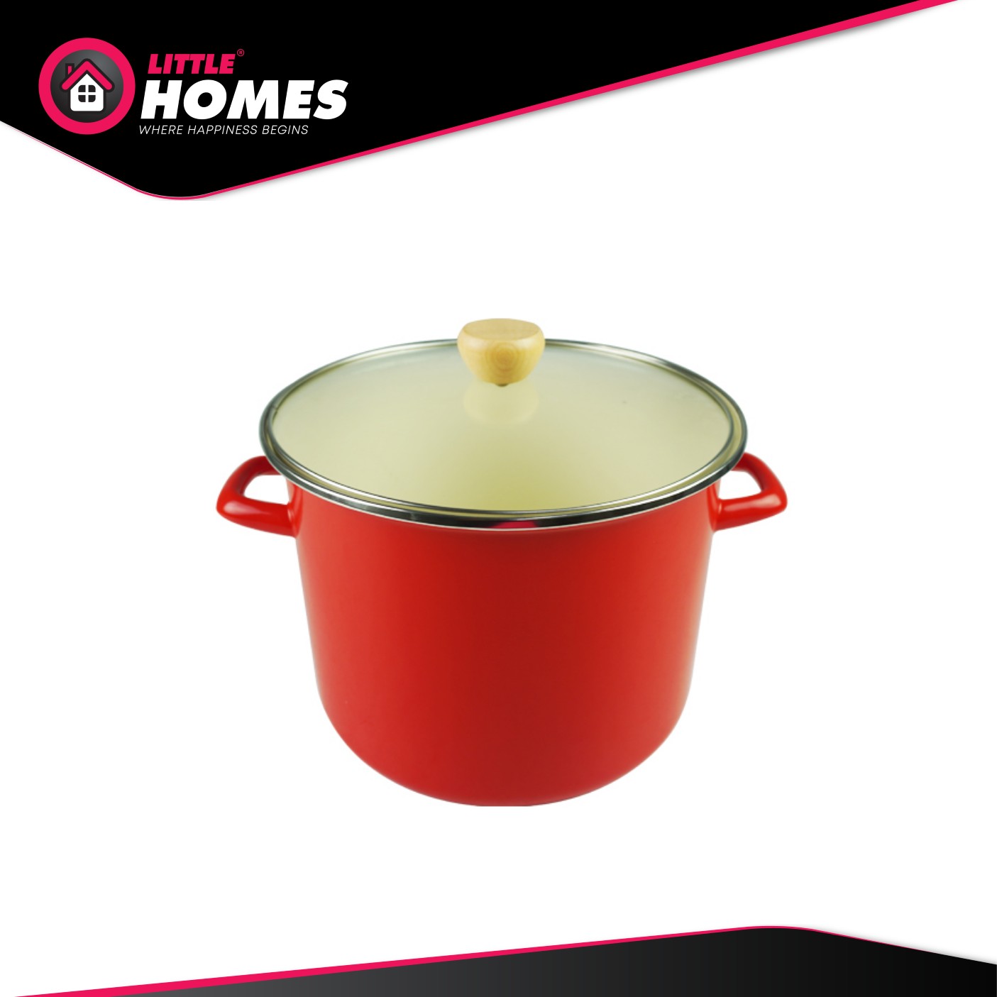 Little Homes Cherry Enamel Coated Stock Pot (26cm) with Tempered Glass Lid