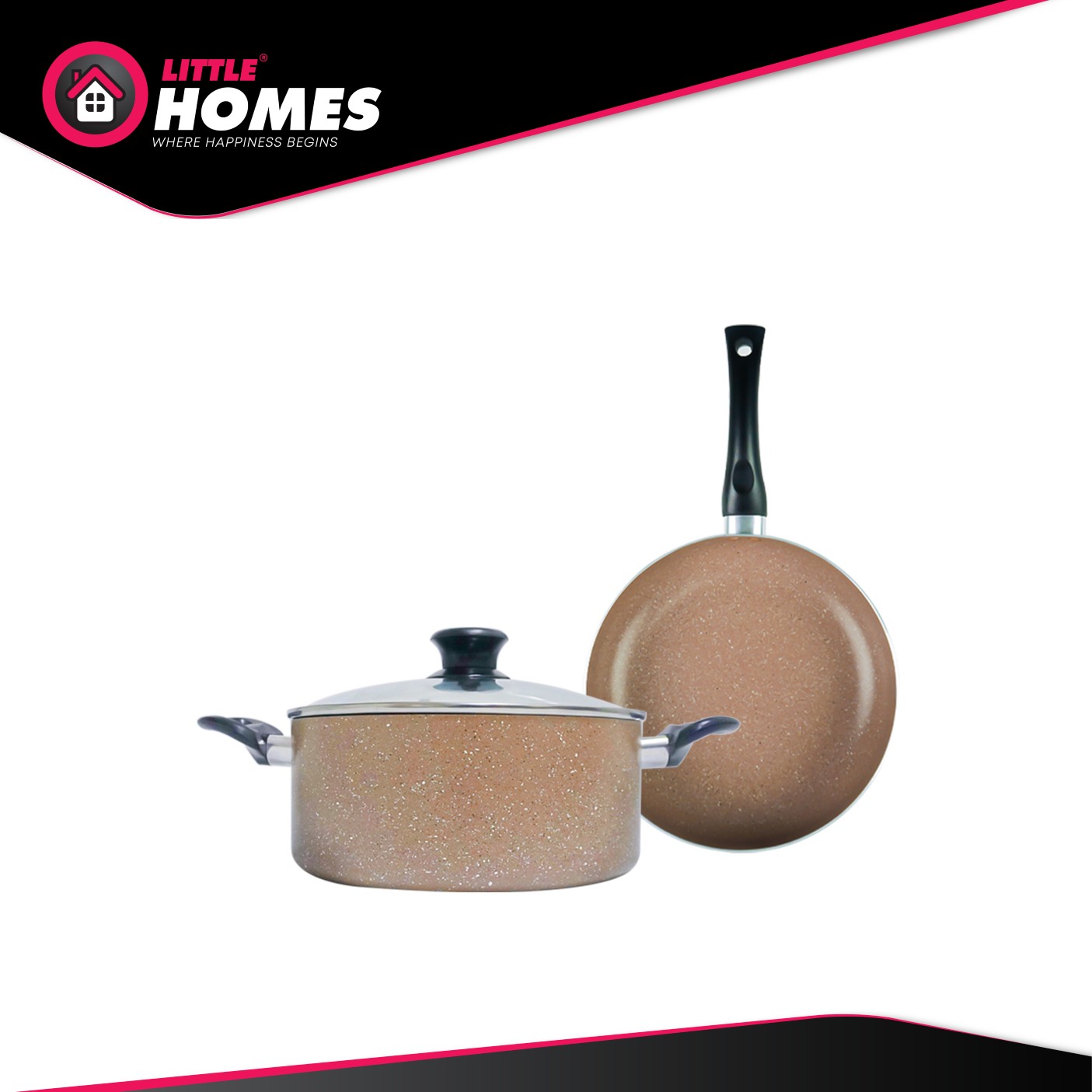 Little Homes Yellow Marble Stone Non-Stick Pot & Pan 24cm Cookware Set with Glass Lid