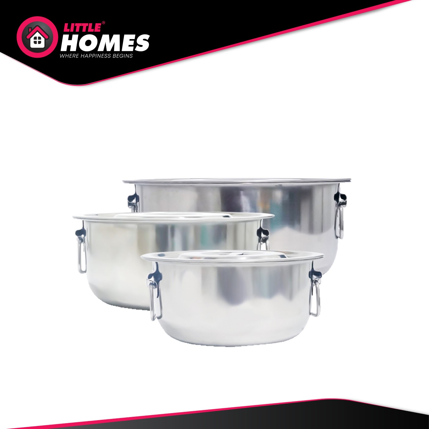 Little Homes Stainless Steel Indian Pot Multipurpose Stock Pot 3 Sizes Set with Carrier & Lids (3.8L, 6.8L & 10L)
