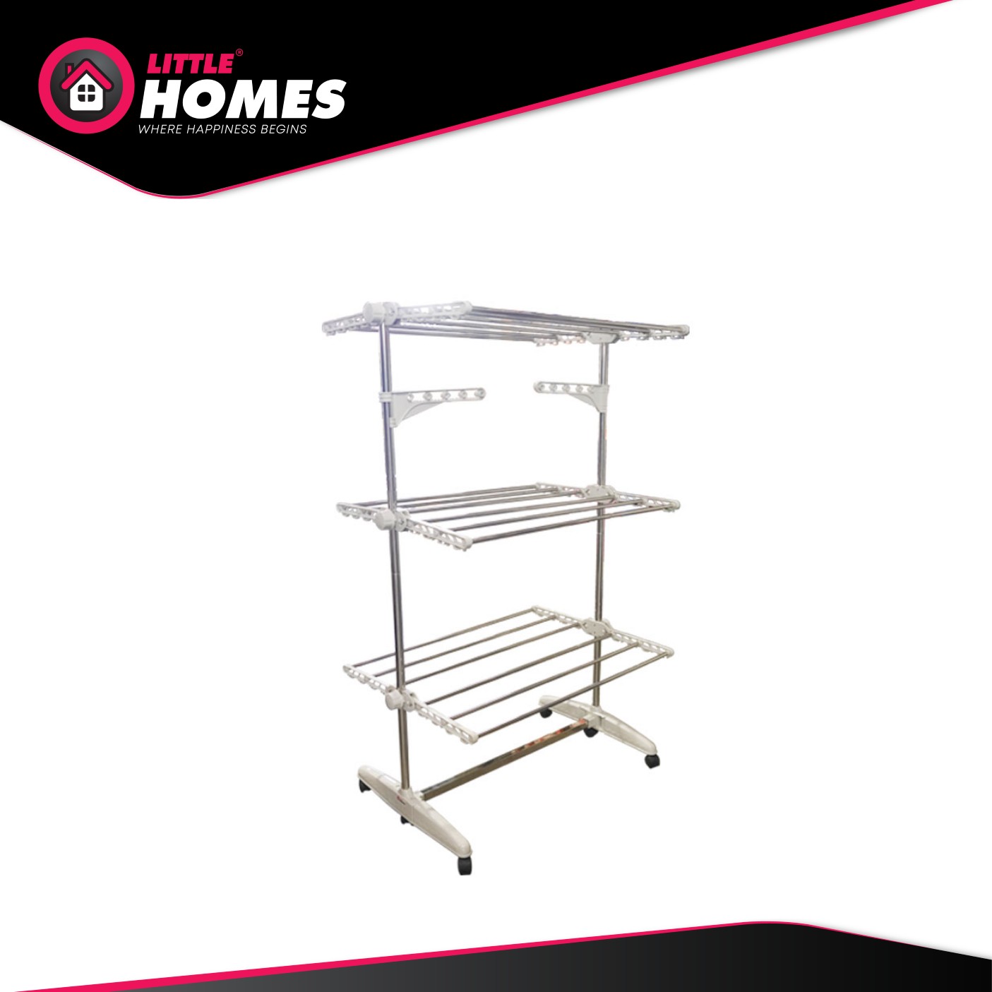 Little Homes Stainless Steel 3 Tiers Moving Clothes Rack Floor Hanger Drying Rack With Wheels