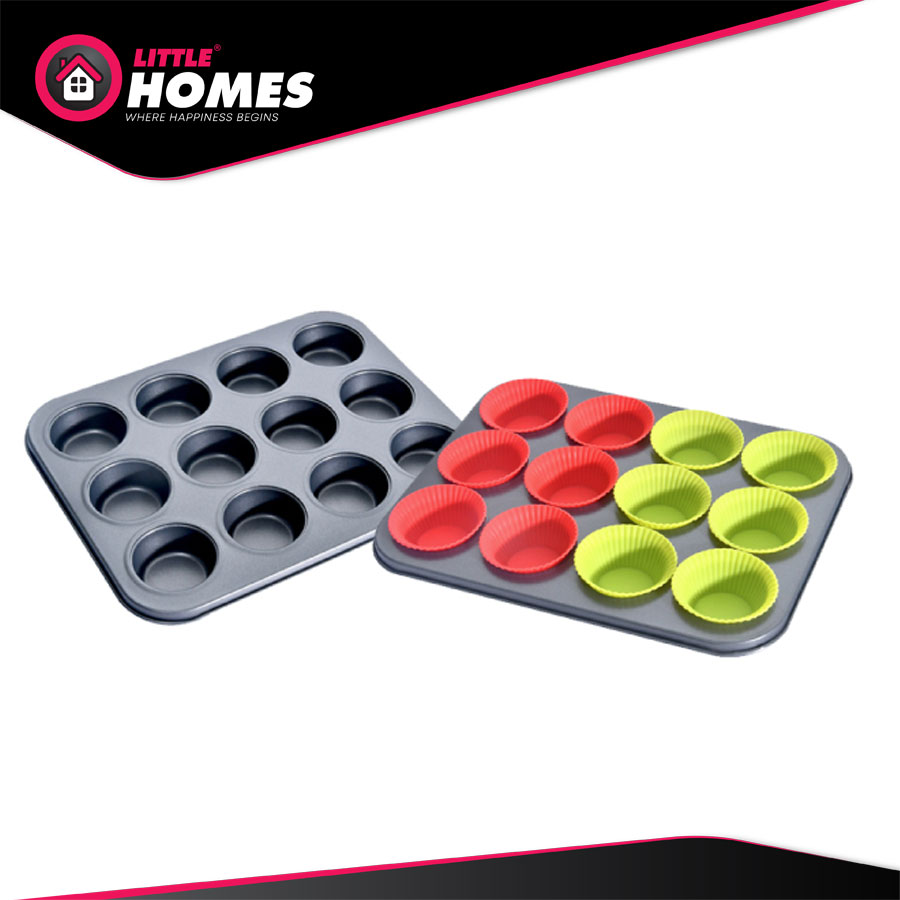 Little Homes 12 Holes Cupcake Muffin Non-Stick Carbon Steel Pan with 12pcs Silicone Cupcake Mold Set