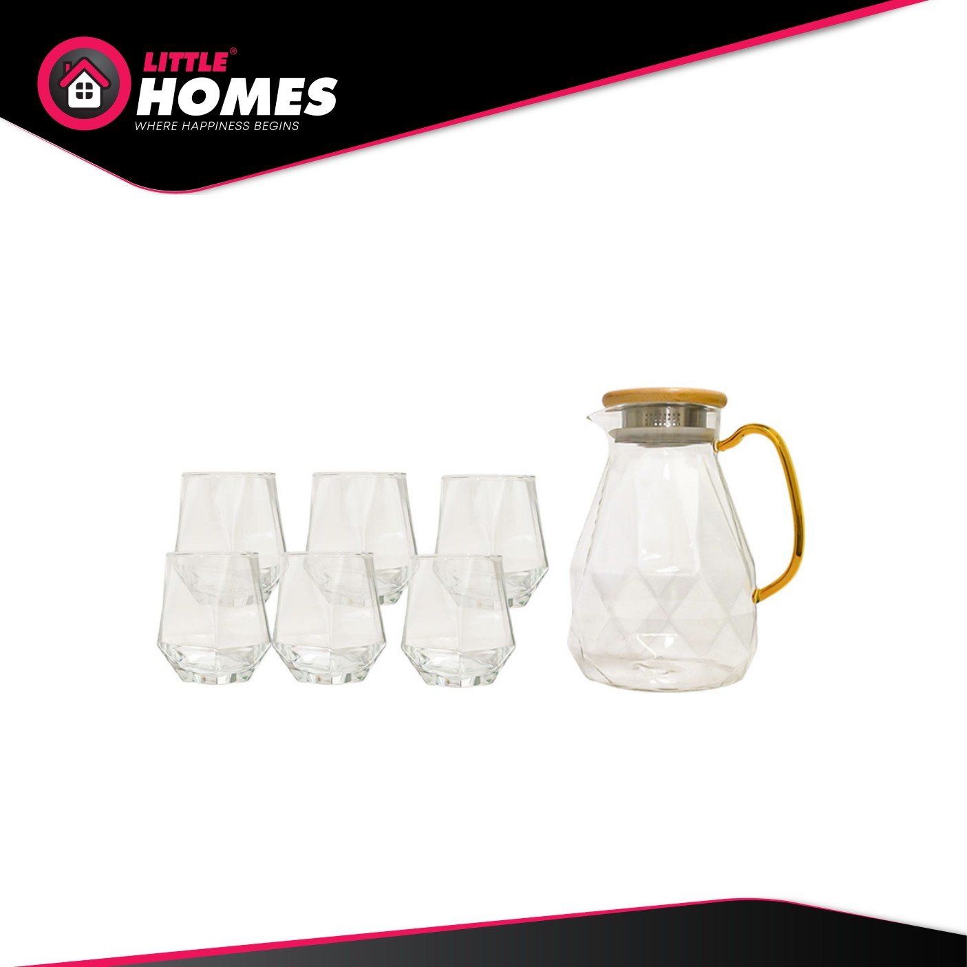 Little Homes 1.8L Diamond Glass Jug with Lid & 8oz Glass Tumbler Set of 7pcs Drinkware