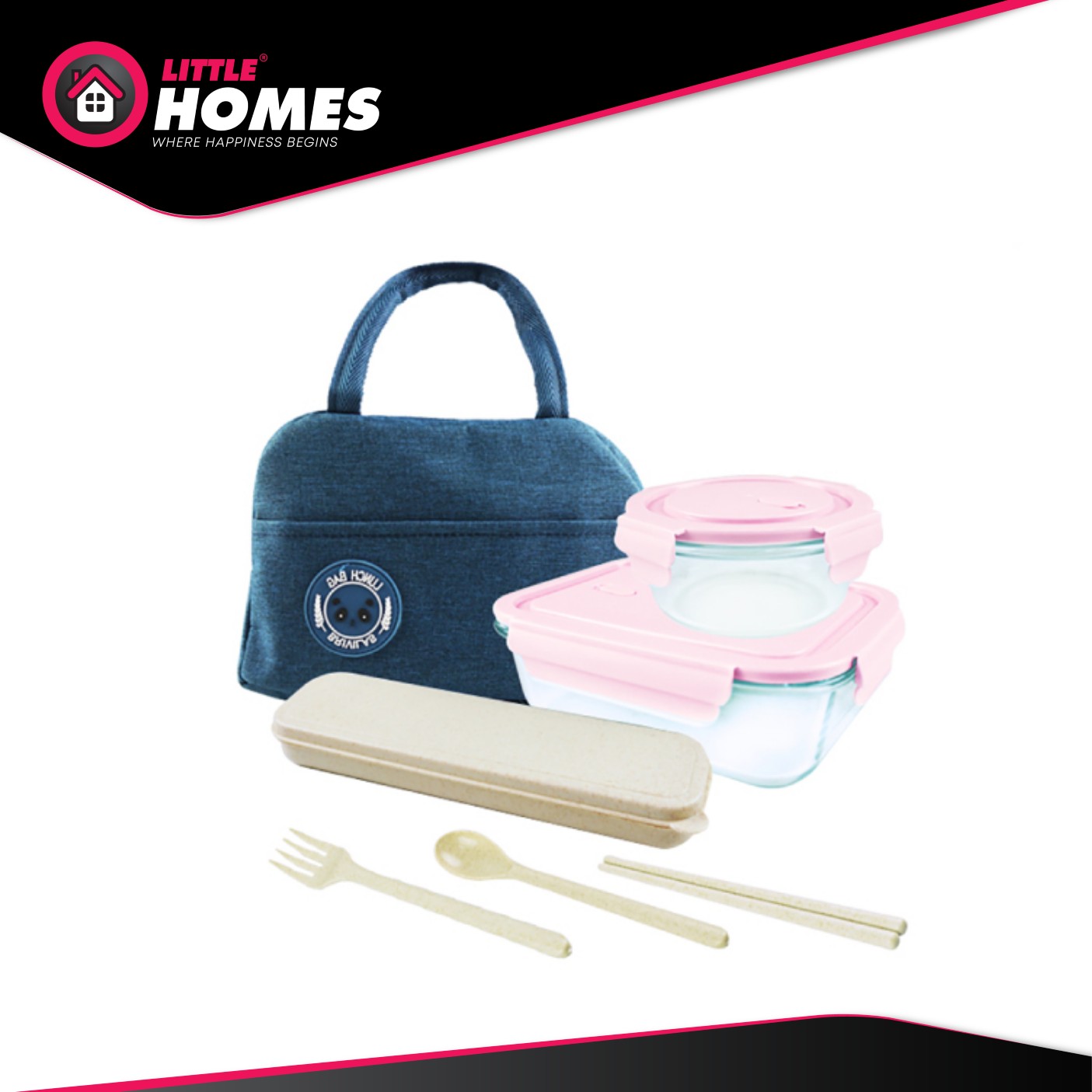 Little Homes Tempered Glass Lunch Box Set Round & Re With Thermal Bag 