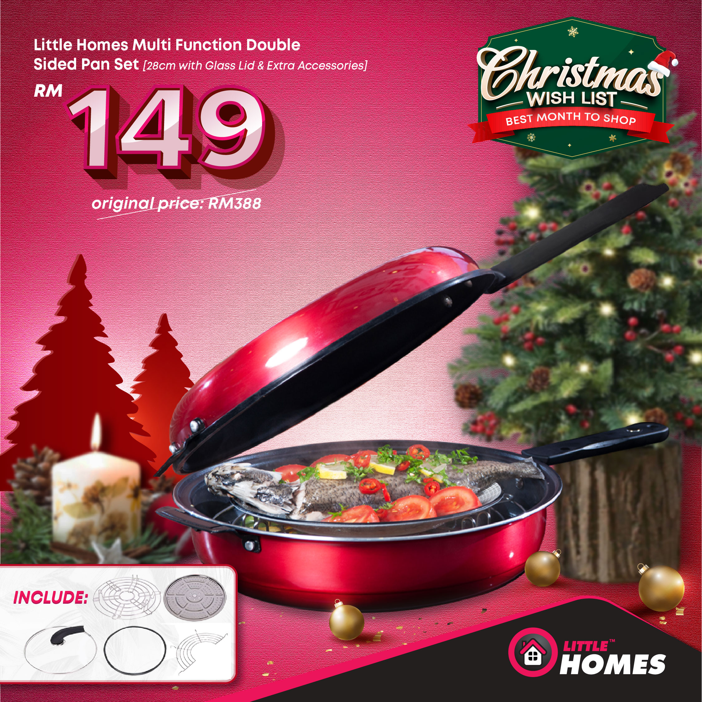 Little Homes Multi Function Double Sided Pan Set 28cm with Glass Lid & Extra Accessories 🍳𝐌𝐮𝐥𝐭𝐢-𝐅𝐮𝐧𝐜𝐭𝐢𝐨𝐧 𝐏𝐚𝐧 𝐒𝐞𝐭 now only 𝐚𝐭 𝐑𝐌149