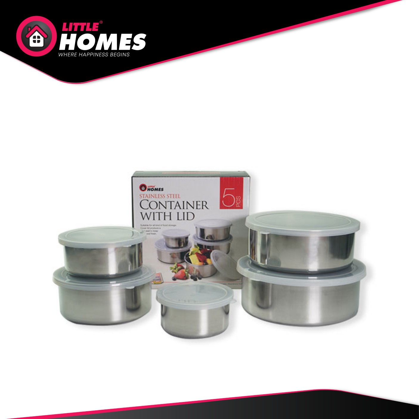 Little Homes Leak Proof Stainless Steel Storage Bowl with Food-Grade Plastic Cover Set of 5 Pcs