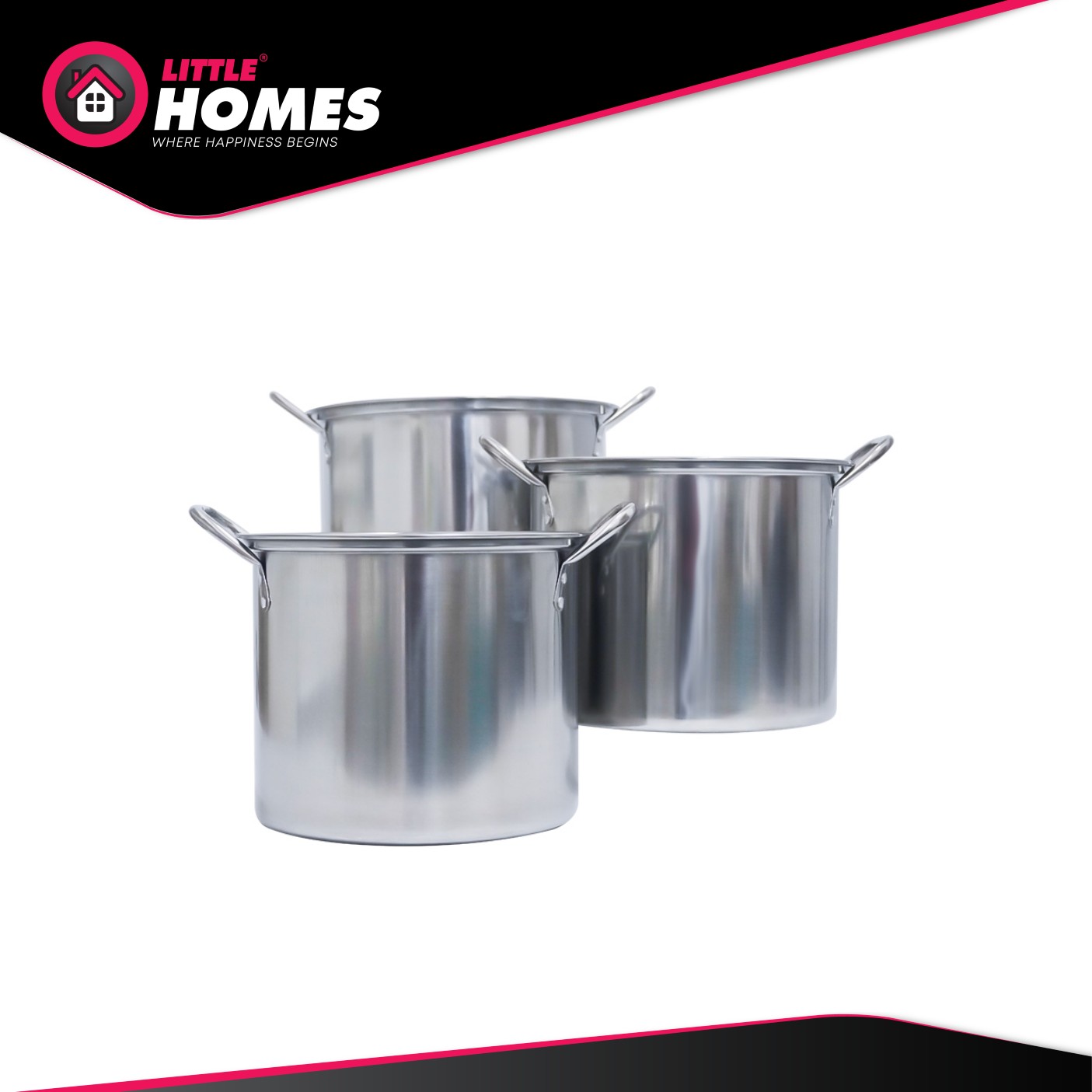 Little Homes Stainless Steel Stock Pot Set of 3 Sizes with Lid Multiple Sizes (6.3Lit, 8Lit & 9.6Lit)