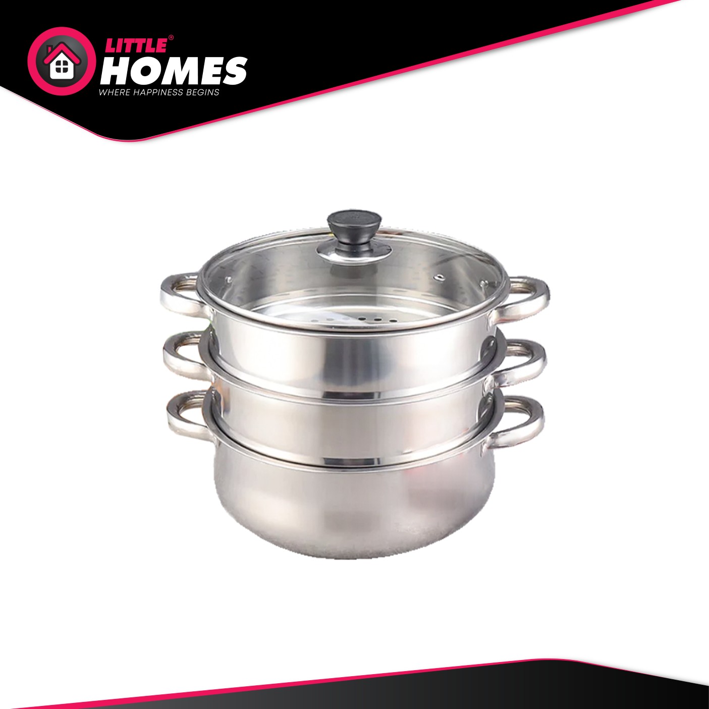 Little Homes 3 Tiers Stainless Steel Steamer 32cm with Glass Lid