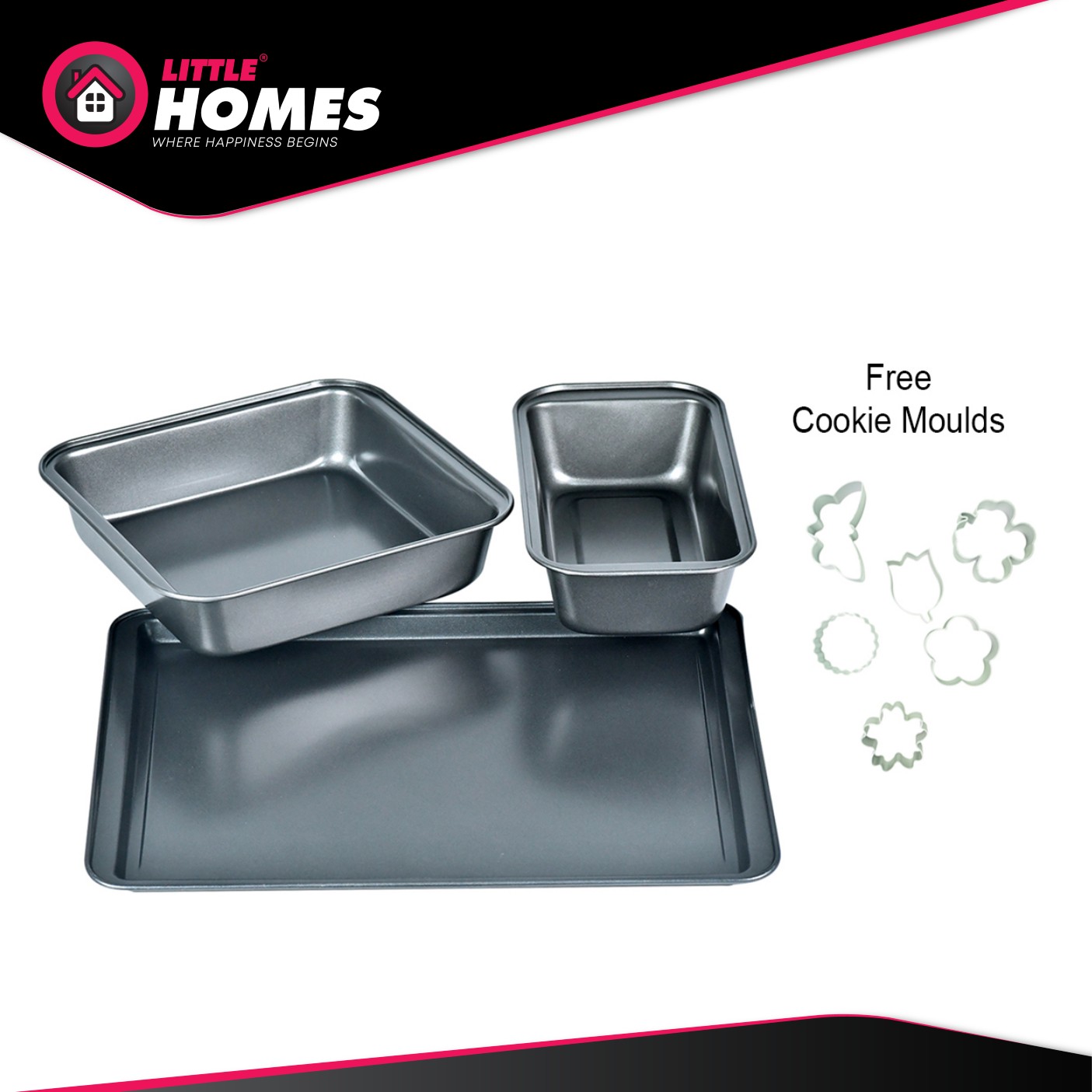 Little Homes Non Stick Baking Tray Square Cake Mold Loaf Pan 3 Sizes Set Plus 6pcs Cookies Mold
