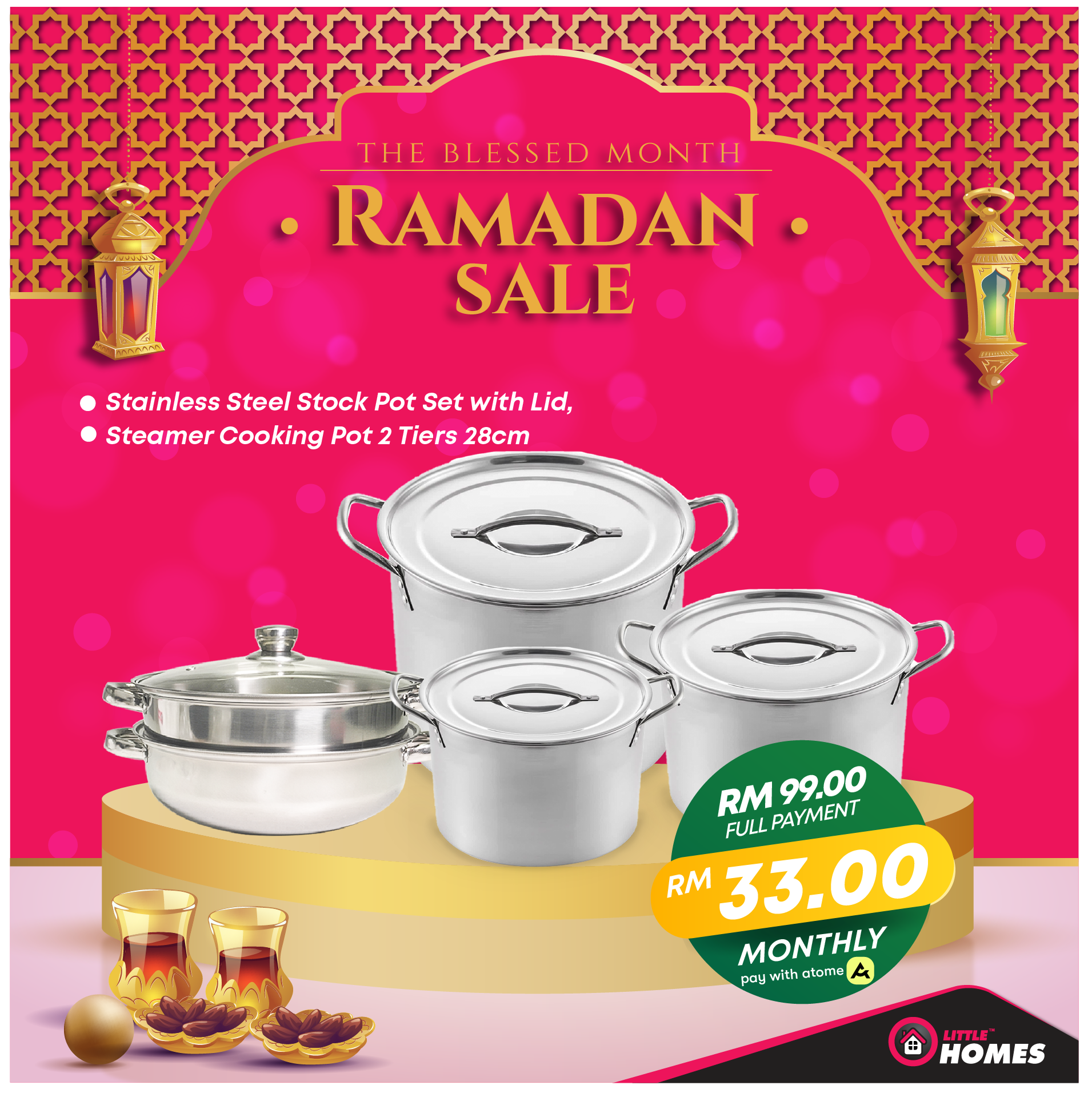 Little Homes 3pcs Stock Pot Set & 28cm Steamer Cooking Pot #HomeyRaya23 Ramadan Bundle Sale RM99.00 *Available for RM33.00 of 3payments with Atome*