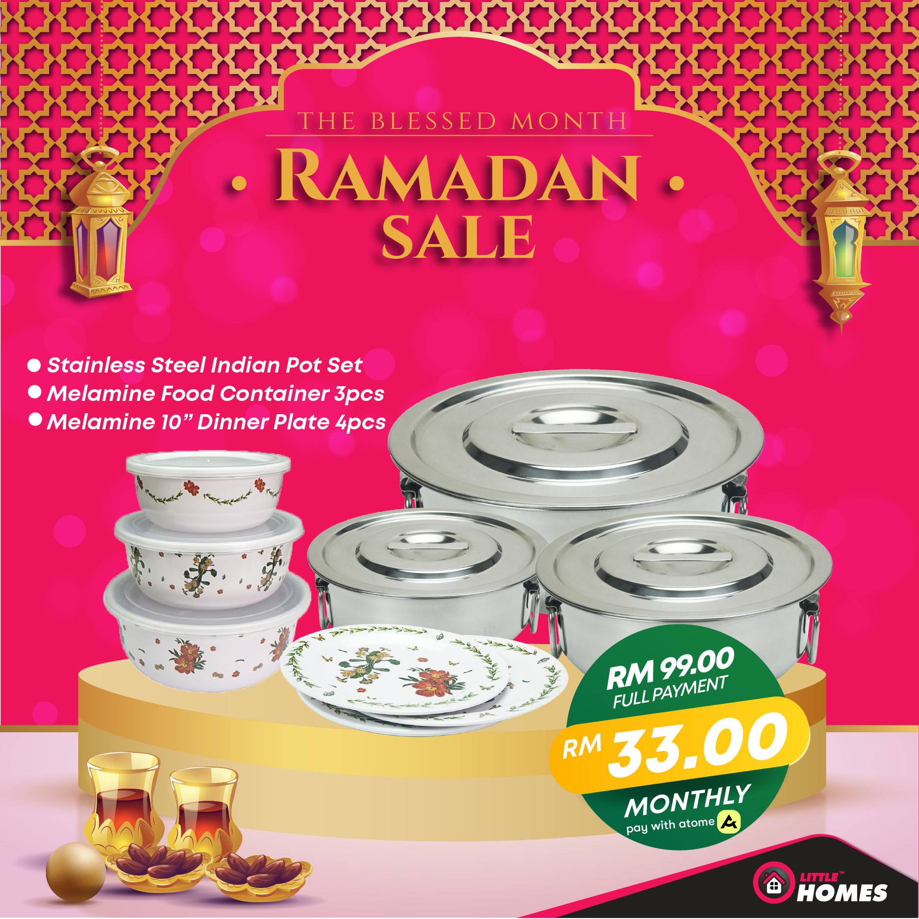 Little Homes Stainless Steel Indian Pot Set with Free Gift #HomeyRaya23 Ramadan Bundle Sale RM99.00 *Available for RM33.00 of 3payments with Atome*