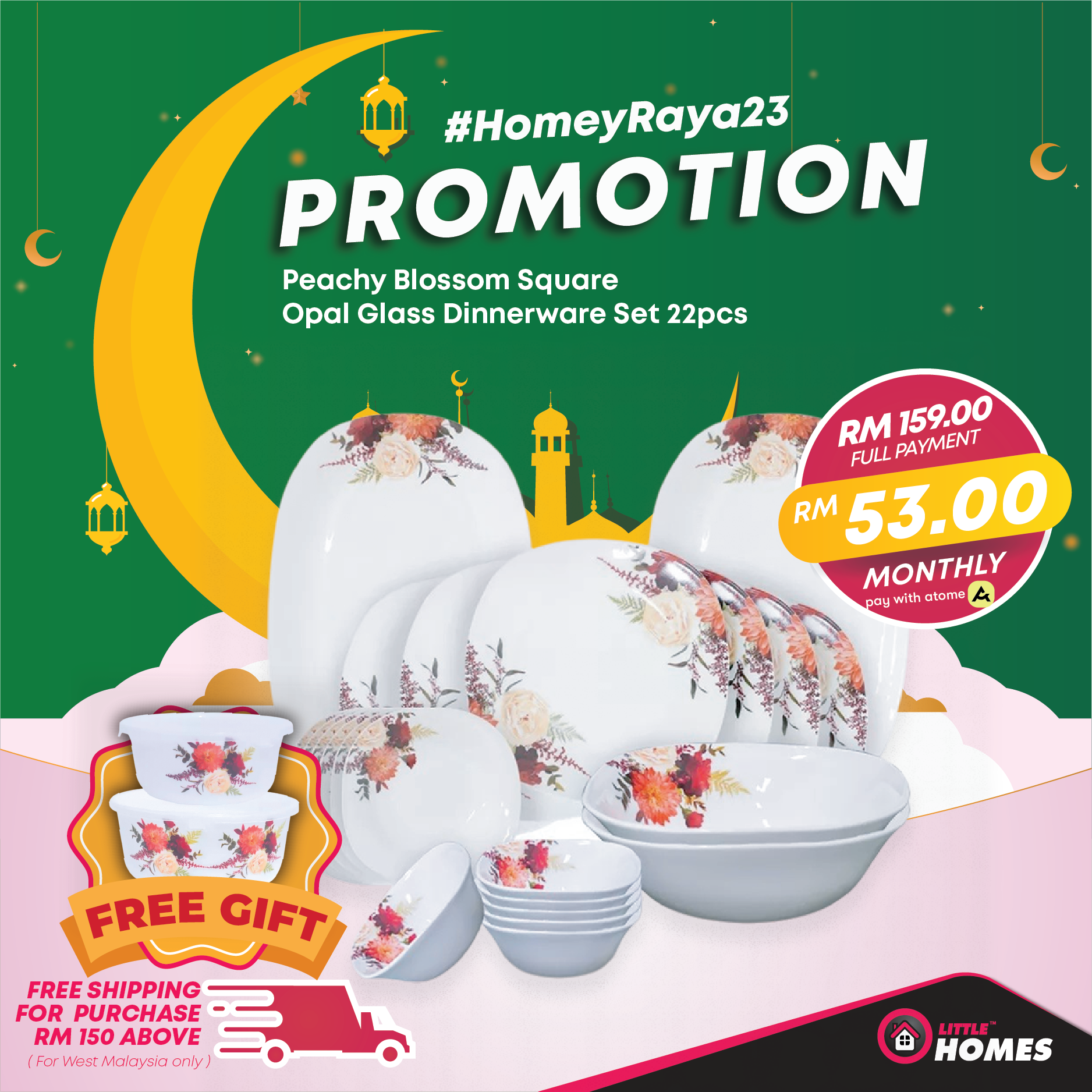 Little Homes 22pcs Peachy Blossom Square Opal Glass Dinnerware Set with Free Gift Casserole Container with Lid Set Homeyraya Promotion RM159 *Available for RM53.00 of 3payments with Atome*