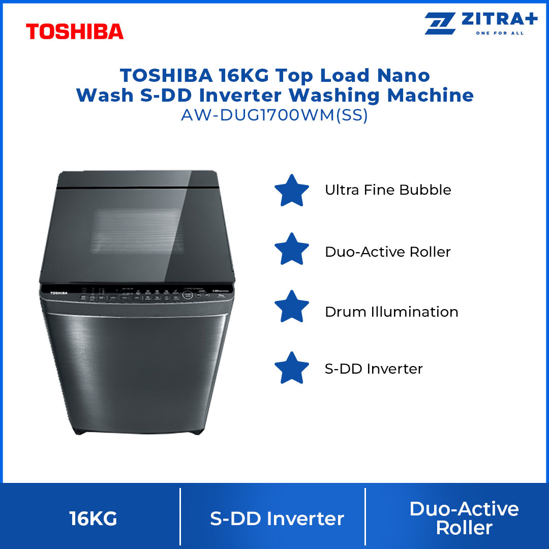 TOSHIBA 16KG Top Load Inverter Washing Machine AW-DUG1700WM(SS) | S-DD Inverter | Duo-Active Roller | Washing Machine with 2 Year General & 13 Year Motor Warranty