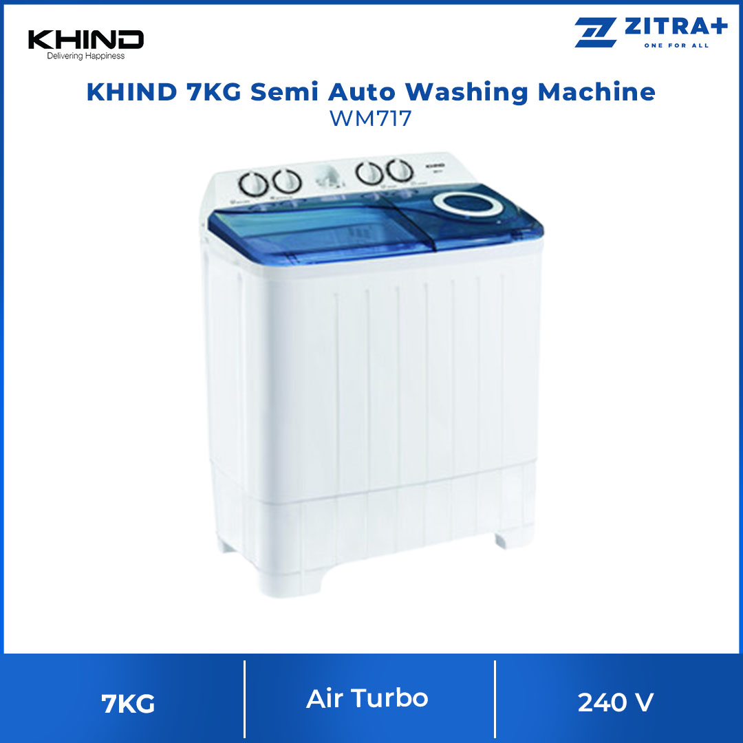 KHIND 7KG Top Load Semi Auto Washing Machine White WM717 | Big Pulsator for Powerful and Cleaner Wash | Air Turbo for Faster Drying of Clothes | Single Water Inlet Selector Port | Washing Machine with 1 Year General Warranty & 5 Years Motor Warranty