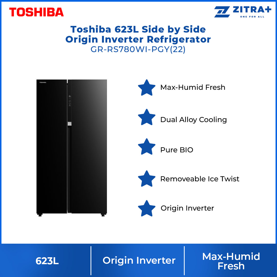 TOSHIBA 623L Side by Side Origin Inverter Refrigerator GR-RS780WI-PGY(22)  | Dual Alloy Cooling | Pure Bio | Touch Digital Panel | Twist Ice Maker | TSmartLife Smart Control |  Refrigerator with 1 Year Warranty