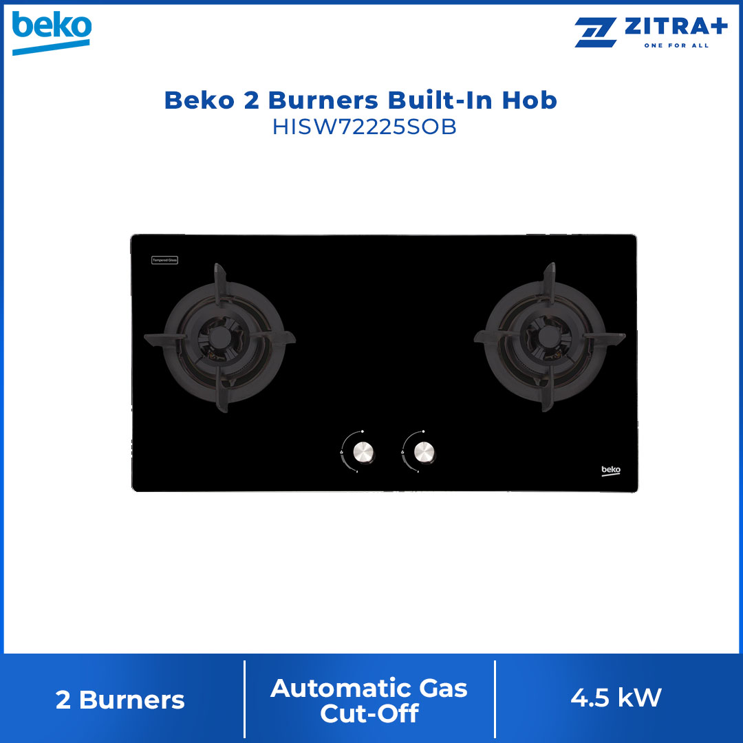 Beko 2 Burners Built-In Hob HISW72225SOB | Automatic Gas Cut-Off | Cast-iron Pan Support | LPG Gas Type | Integrated Ignition | Built-In Hob with 2 Years Warranty