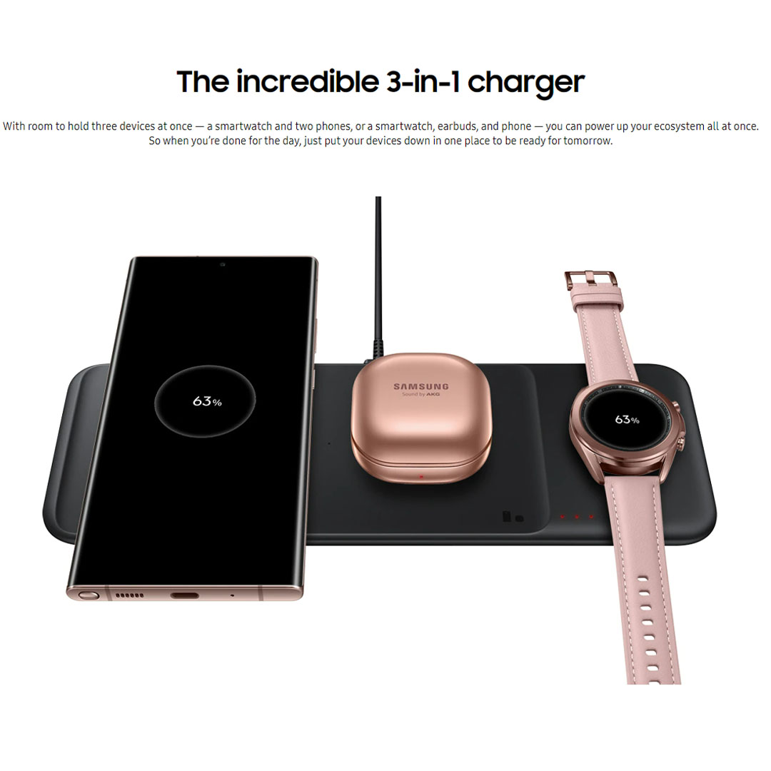 SAMSUNG Wireless Charger Trio EP-P6300TBEGGB | The incredible 3-in-1 Charger | Power up With a Quickness | Charging Two Devices Simultaneously |
