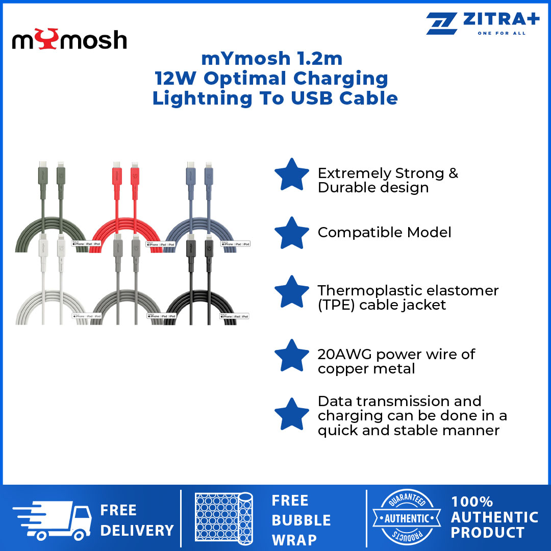 mYmosh 1.2m Lightning To USB Cable | USB-IF Certification | Support Fast Charge And SuperCharge | Tinned Copper Ground Wire | Thermoplastic Elastmer (TPE) | Cable with 2 Year Warranty