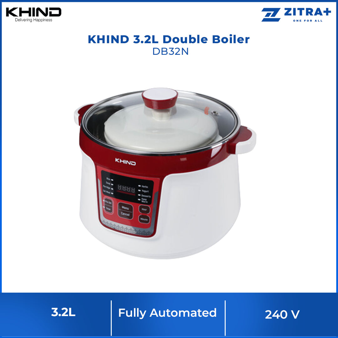 KHIND 3.2L Double Boiler DB32N | 2 in 1 Function - Double Boiling & Soup Cooking | With Boil Dry Protection | Free Recipe Book | Double Boiler with 2 Years Warranty