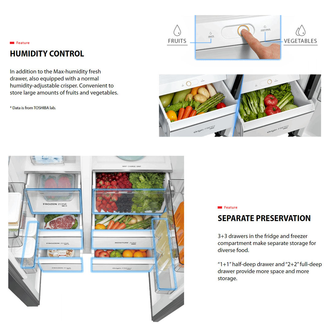 TOSHIBA 623L Side by Side Origin Inverter Refrigerator GR-RS780WI-PGY(22)  | Dual Alloy Cooling | Pure Bio | Touch Digital Panel | Twist Ice Maker | TSmartLife Smart Control |  Refrigerator with 1 Year Warranty