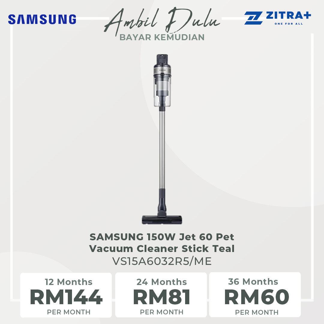 SAMSUNG 150W Jet 60 Pet Cordless Vacuum Cleaner Stick Teal VS15A6032R5/ME | Strong Suction Power | Powerful on Carpet | Flexible Charger | Stick Vacuums with 2 Years Warranty