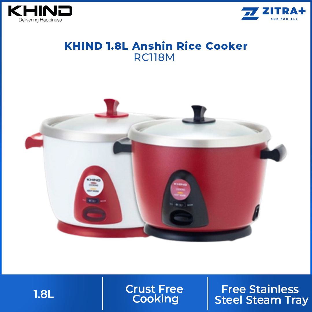 KHIND 1.8L Anshin Rice Cooker RC118M | Free Stainless Steel Steam Tray | Smart Switch | Keep Warm Switch | Rice Cooker with 3 Years Warranty