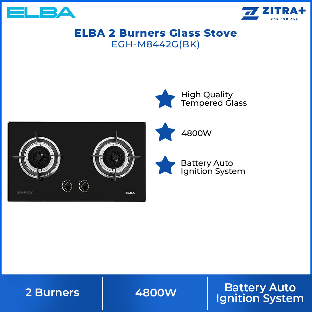 ELBA 2 Burners Glass Stove EGH-M8442G(BK)  | High Quality Tempered Glass | 4800W | Battery Auto Ignition System | Burners with 1 Year Warranty