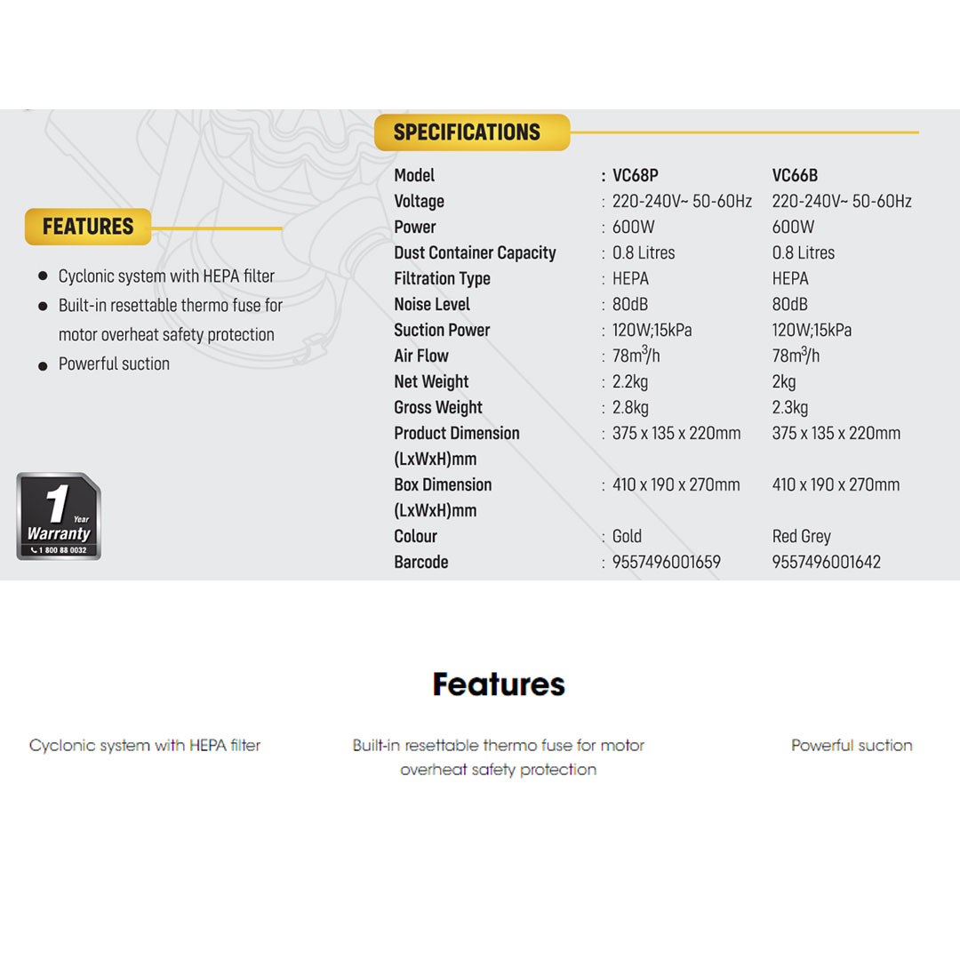 KHIND 600W Stick Vacuum Cleaner VC66B Cyclonic system with HEPA filt