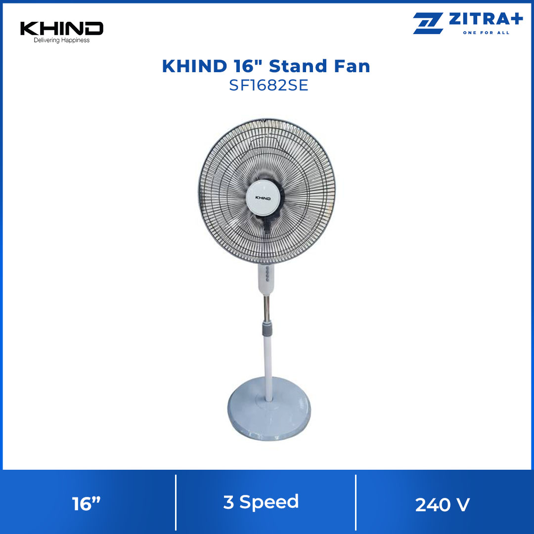 KHIND 16" Stand Fan SF1682SE | Built-in Safety Thermal Fuse | 3 Speed Push Button | High Performance Motor | Stand Fan with 1 Year General Warranty & 3 Years Motor Warranty