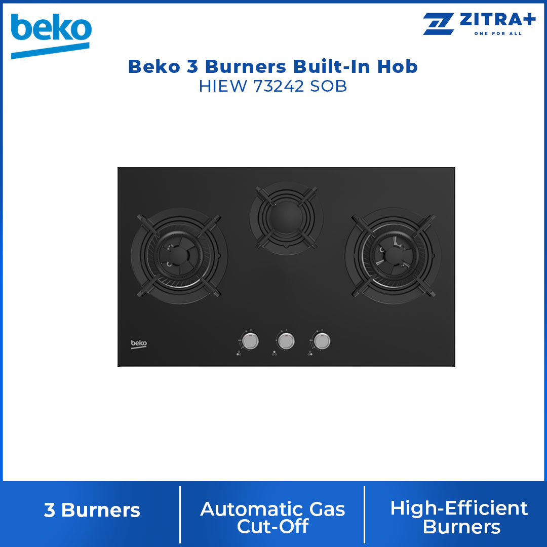 Beko 3 Burners Built-In Hob HIEW 73242 SOB | Automatic Gas Cut-off | Cast-iron Pan Support | 2 Wok Burners and 1 Gas Burner | Built-In Hob with 2 Years Warranty