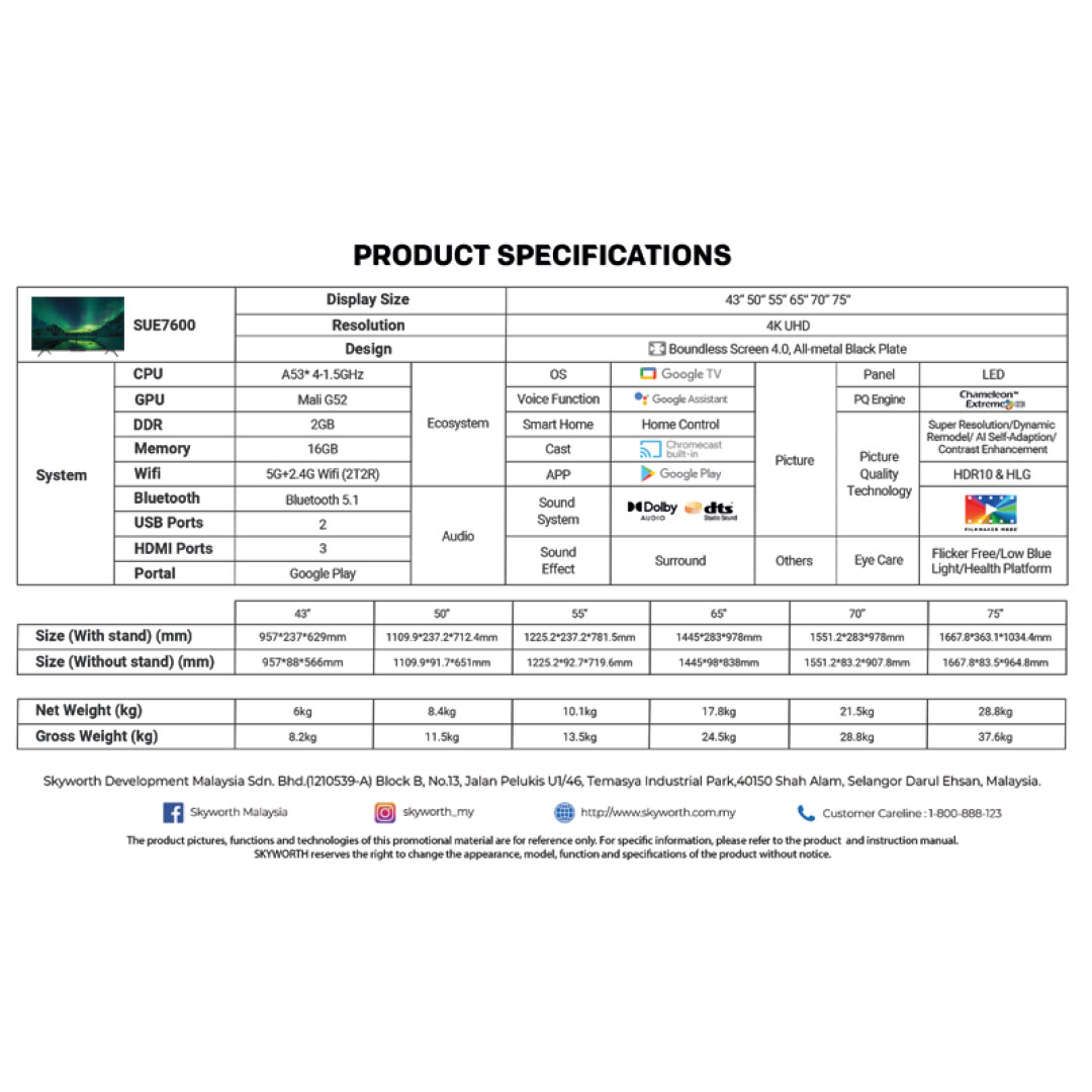 SKYWORTH 43"/50"/55"/65"/70"/75" 4K UHD Google LED TV SUE7600 | HDR10 | USB | HDMI | Google Tv | Dolby Audio | Bluetooth 5.1 | Chameleon Extreme 2.0 | Chromecast Built-In | Smart TV with 2 Year Warranty