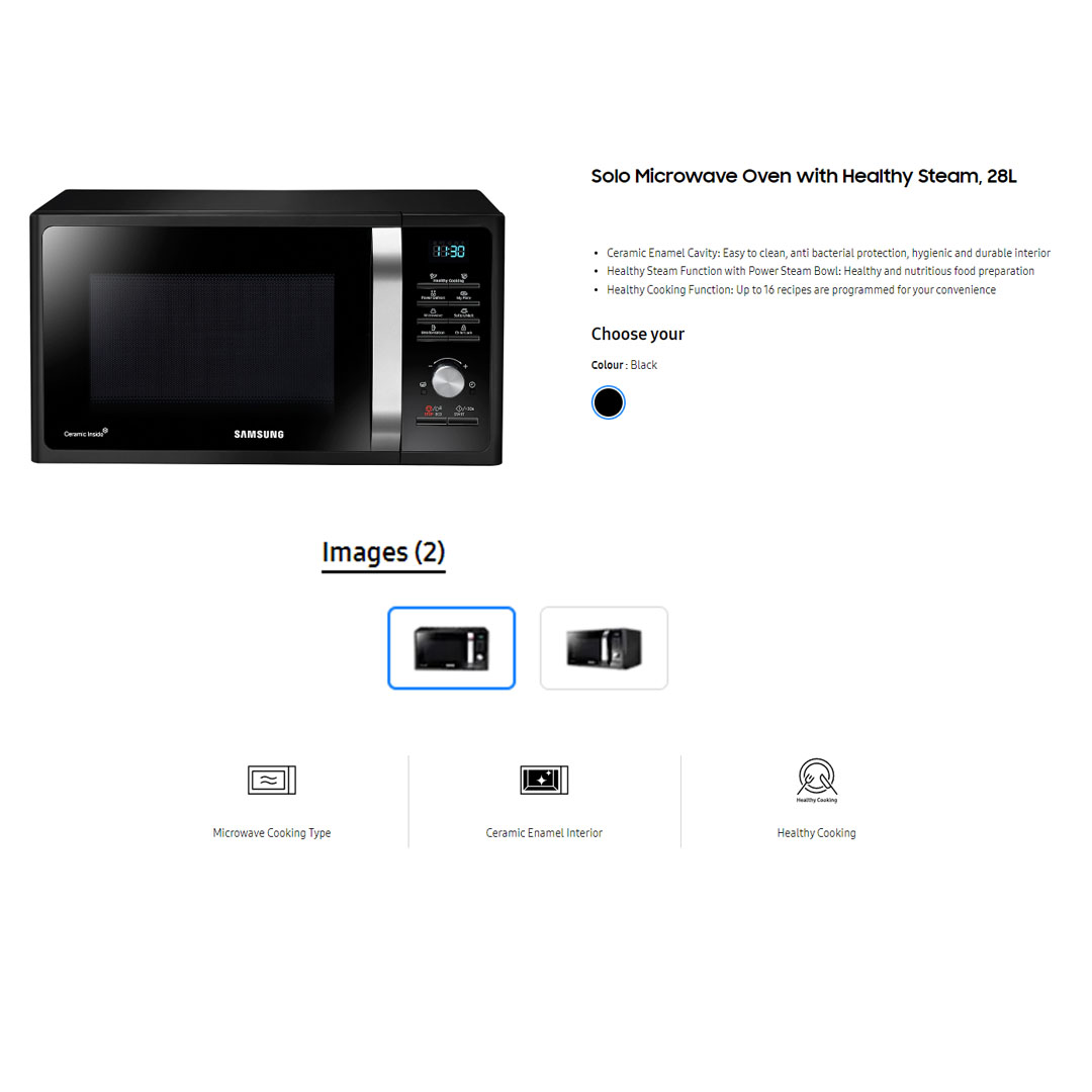 SAMSUNG 28L Solo Microwave Oven MS28F303TFK/SM | Ceramic Enamel Cavity | Healthy Steam Function with Power Steam Bowl | Healthy Cooking Function | Microwave Oven with 1 Year Warranty