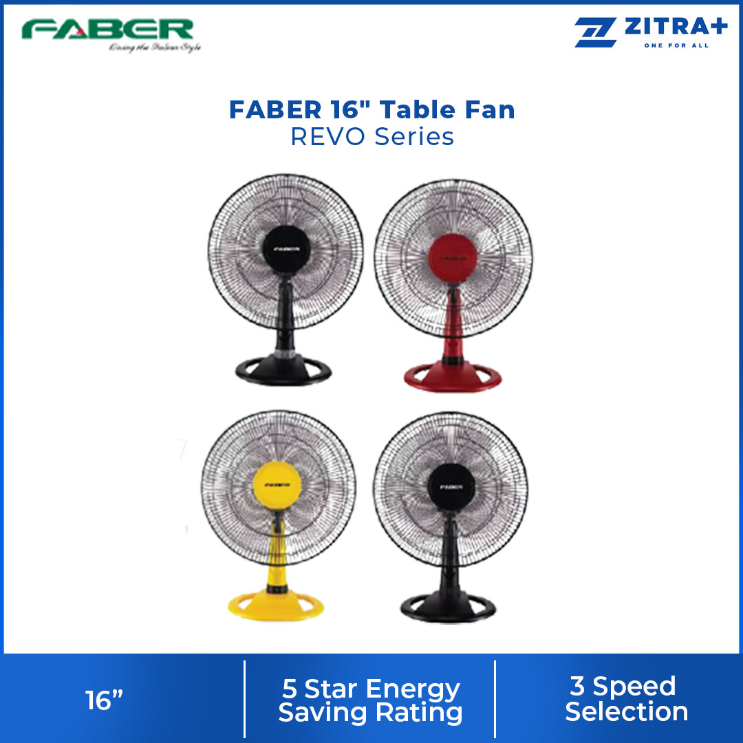 FABER 16" Table Fan FTF REVO 9116GR / FTF REVO 9216RD | 3 Speed | 100% Copper Motor | 5 Star Energy Rating | 51.5dB Noise Level | Table Fan with 1 Year General Warranty & 2 Years Motor Warranty